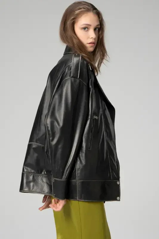 Wm019 Oversize Biker Genuine Leather Women's Jacket Black/beige - 6
