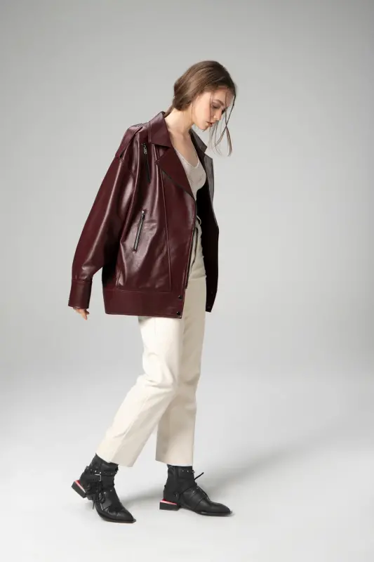 Wm019 Oversize Biker Genuine Leather Women's Jacket Burgundy-BURGUNDY - DERICLUB