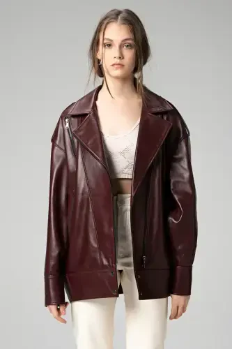Wm019 Oversize Biker Genuine Leather Women's Jacket Burgundy-BURGUNDY - 3