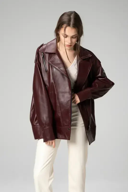 Wm019 Oversize Biker Genuine Leather Women's Jacket Burgundy-BURGUNDY - 4