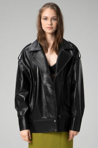 Wm019 Oversize Biker Hakiki Deri Kadın Mont Siyah - SİYAH 