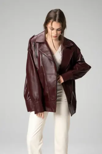 Wm019 Oversize Biker Hakiki Deri Kadın Mont Bordo - BORDO - 4
