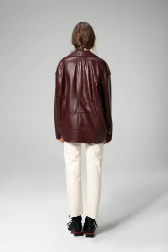 Wm019 Oversize Biker Hakiki Deri Kadın Mont Bordo - BORDO - 5