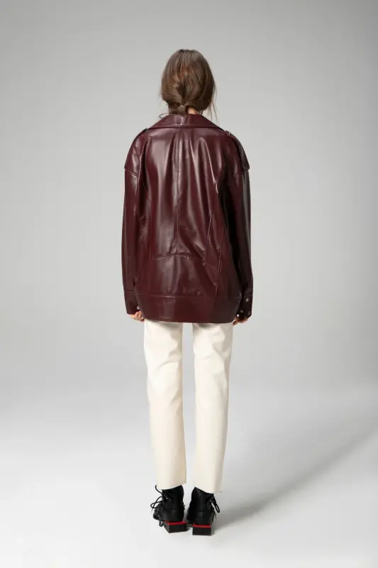 Wm019 Oversize Biker Hakiki Deri Kadın Mont Bordo - BORDO - 5