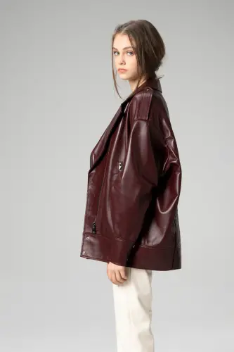 Wm019 Oversize Biker Hakiki Deri Kadın Mont Bordo - BORDO - 6