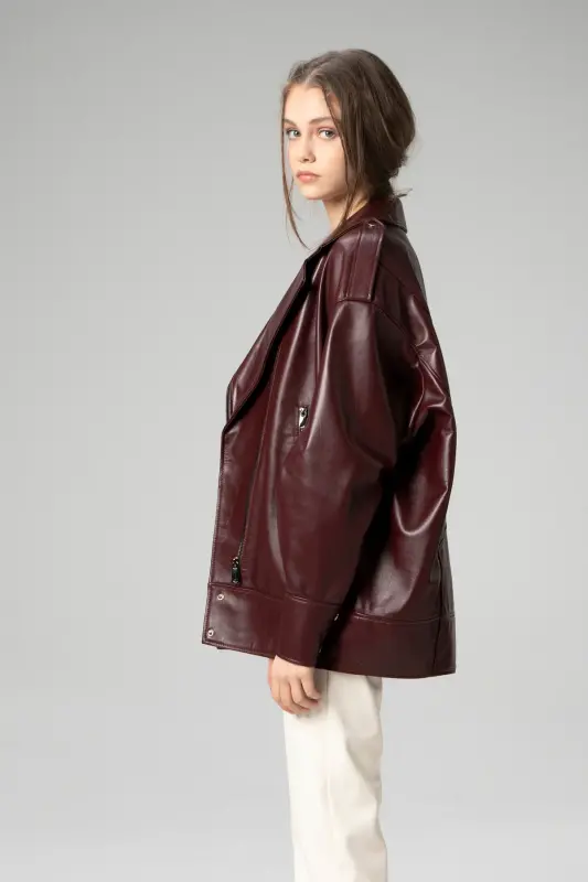 Wm019 Oversize Biker Hakiki Deri Kadın Mont Bordo - BORDO - 6
