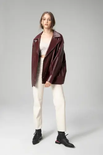 Wm019 Oversize Biker Hakiki Deri Kadın Mont Bordo - BORDO - 7