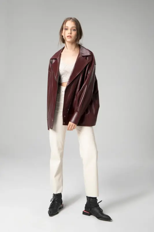 Wm019 Oversize Biker Hakiki Deri Kadın Mont Bordo - BORDO - 7