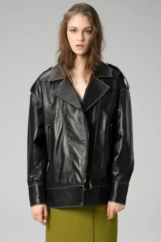 Wm019 Oversize Biker Hakiki Deri Kadın Mont Siyah/bej-SİYAH/BEJ - 1