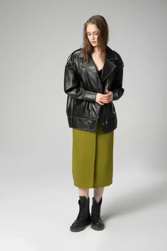 Wm019 Oversize Biker Hakiki Deri Kadın Mont Siyah/bej-SİYAH/BEJ - 2