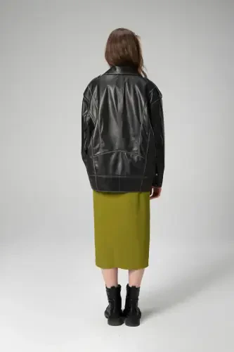 Wm019 Oversize Biker Hakiki Deri Kadın Mont Siyah/bej-SİYAH/BEJ - 3