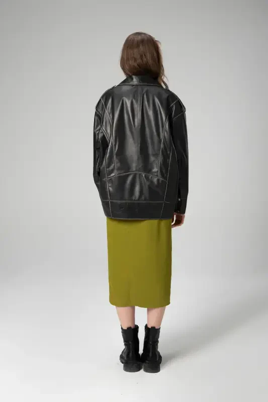 Wm019 Oversize Biker Hakiki Deri Kadın Mont Siyah/bej-SİYAH/BEJ - 3