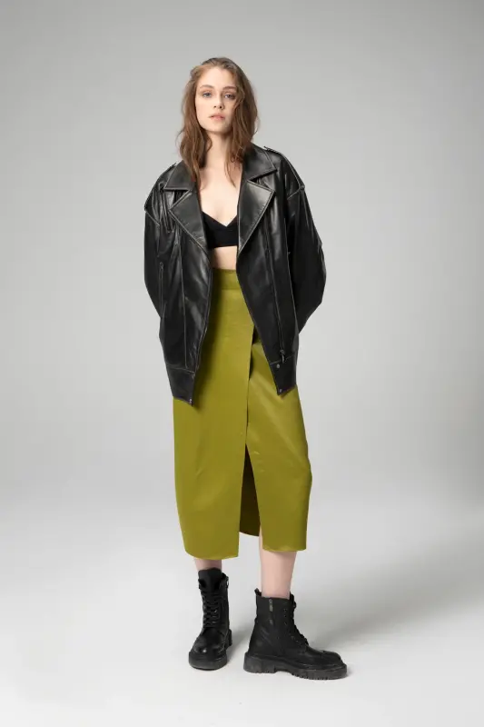 Wm019 Oversize Biker Haqiqiy Teri Ayollar Mont Qora/bej - 5