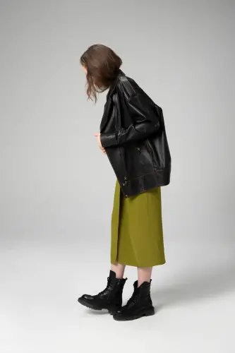 Wm019 Oversize Biker Haqiqiy Teri Ayollar Mont Qora/taba-QORA/TABABA - 1
