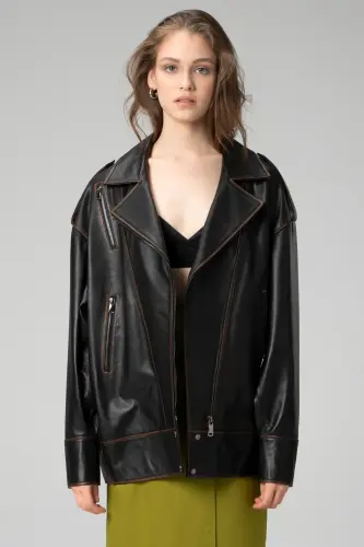 Wm019 Oversize Biker Haqiqiy Teri Ayollar Mont Qora/taba-QORA/TABABA - DERICLUB (1)