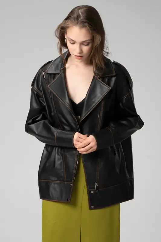 Wm019 Oversize Biker Haqiqiy Teri Ayollar Mont Qora/taba-QORA/TABABA - 3