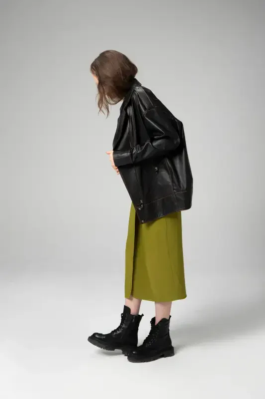 Wm019 Oversize Biker Haqiqiy Teri Ayollar Mont Qora/taba-QORA/TABABA - 1