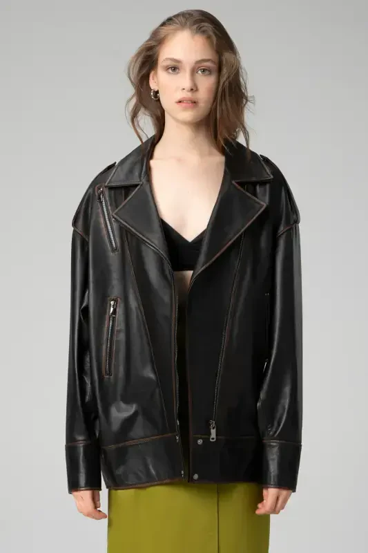 Wm019 Oversize Biker Haqiqiy Teri Ayollar Mont Qora/taba-QORA/TABABA - 2