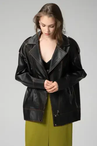 Wm019 Oversize Biker Haqiqiy Teri Ayollar Mont Qora/taba-QORA/TABABA - 3