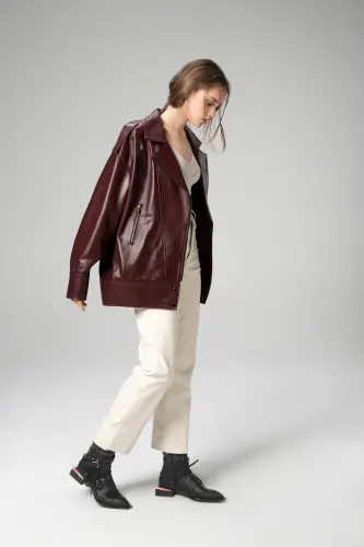 Wm019 Oversize Biker Haqiqiy Teri Ayollar Monti Bordo-BORDO 