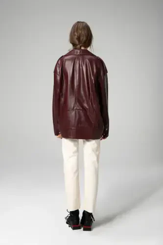 Wm019 Oversize Biker Haqiqiy Teri Ayollar Monti Bordo-BORDO - 5