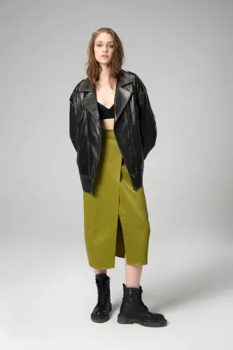 Wm019 Oversize Biker Натуральная Кожа Женская Куртка Черный/бежевый - 5