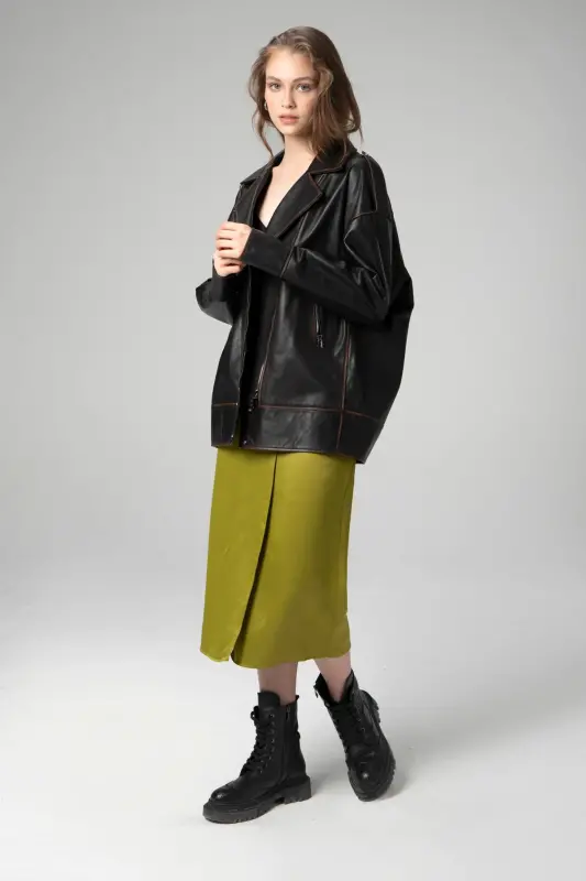 Wm019 Oversize Biker Натуральная Кожа Женская Куртка Черный/таба-ЧЕРНЫЙ/ТАБАК - 4
