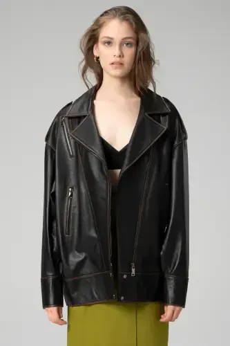 Wm019 Oversize Biker Натуральная Кожа Женская Куртка Черный/таба-ЧЕРНЫЙ/ТАБАК - Modazone (1)