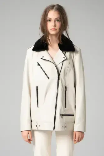 Wm020 Genuine Leather Collar Fur Women's Coat Beige - 1