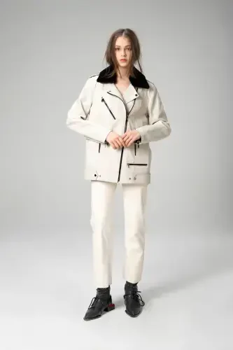 Wm020 Genuine Leather Collar Fur Women's Coat Beige - DERICLUB (1)