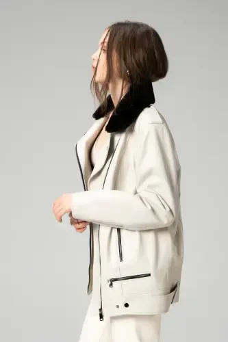 Wm020 Genuine Leather Collar Fur Women's Coat Beige - 4