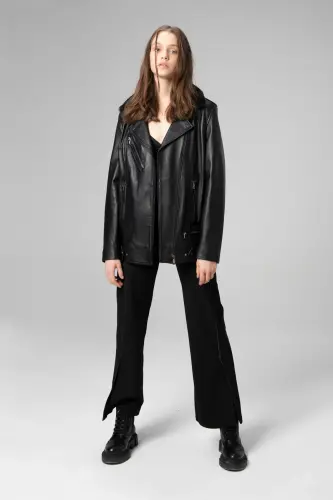 Wm020 Gerçek Deri Yaka Kürklü Kadın Mont Siyah-SİYAH - 4