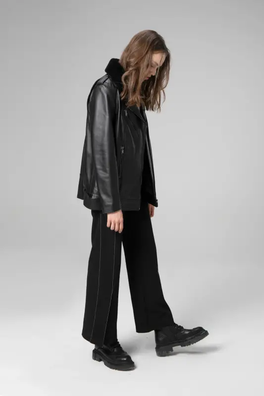 Wm020 Gerçek Deri Yaka Kürklü Kadın Mont Siyah-SİYAH - 2