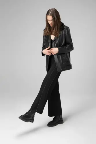 Wm020 Gerçek Deri Yaka Kürklü Kadın Mont Siyah-SİYAH - 3