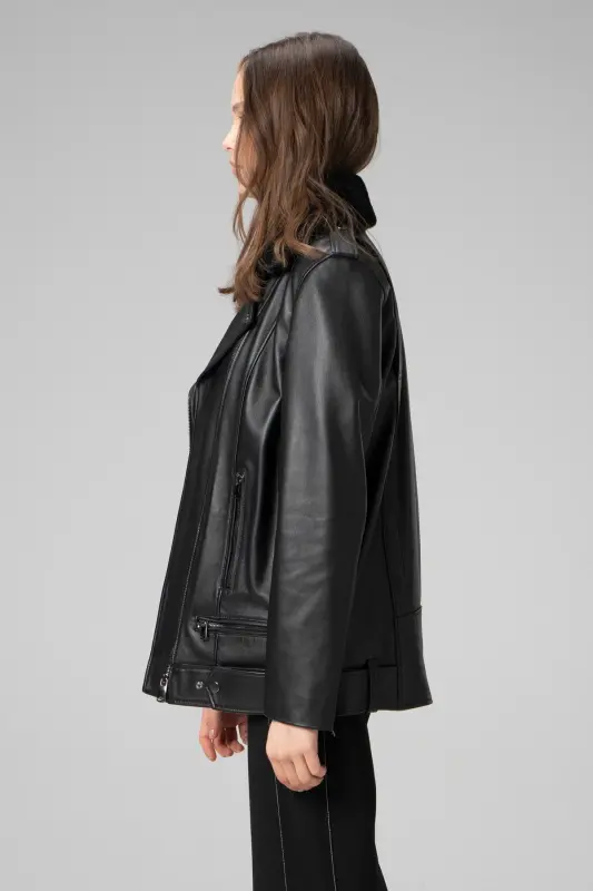 WM020 SAVAKİ Real Leather Women's Coat with Fur Collar - Black - 5