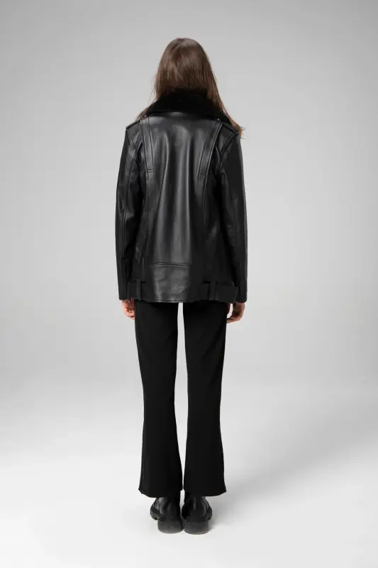 WM020 SAVAKİ Real Leather Women's Coat with Fur Collar - Black - 6