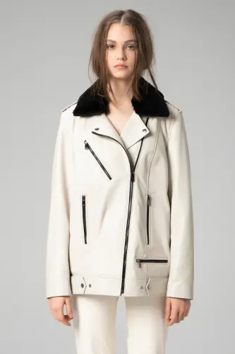 WM020 SAVAKIA Genuine Leather Women's Coat with Fur Collar - Beige - DERICLUB (1)