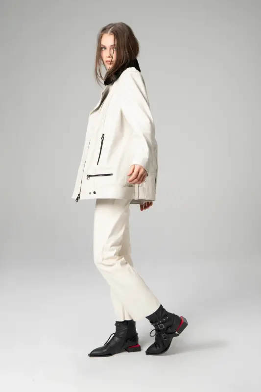 WM020 SAVAKIA Genuine Leather Women's Coat with Fur Collar - Beige - 3