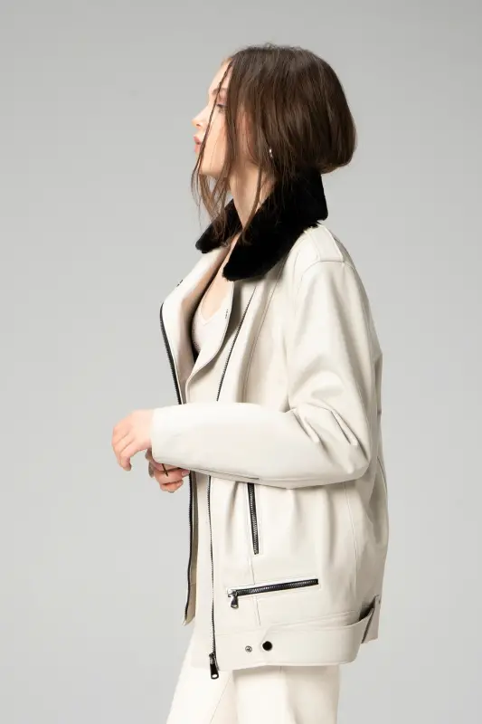 WM020 SAVAKIA Genuine Leather Women's Coat with Fur Collar - Beige - 4