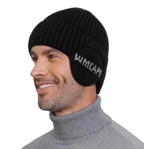 Wmcaps Fleece Line Beanie with Earflap,Winter Knitted Hat for Men Women Stocking Caps for Cold Weather 