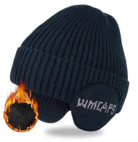 Wmcaps Fleece Line Beanie with Earflap,Winter Knitted Hat for Men Women Stocking Caps for Cold Weather 