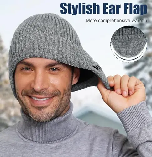 Wmcaps Fleece Line Beanie with Earflap,Winter Knitted Hat for Men Women Stocking Caps for Cold Weather - 3