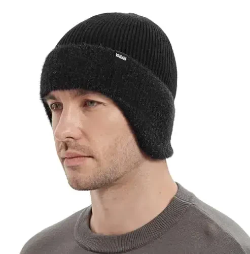 Wmcaps Winter Fleece Line Beanie with Earflap for Men Women, Outdoor Warm Thermal Knitted Hat Stocking Caps - Wmcaps