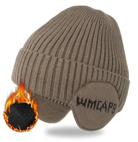Wmcaps Fleece Line Beanie with Earflap,Winter Knitted Hat for Men Women Stocking Caps for Cold Weather 