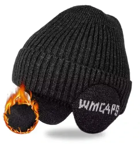 Wmcaps Fleece Line Beanie with Earflap,Winter Knitted Hat for Men Women Stocking Caps for Cold Weather - 1