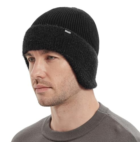 Wmcaps Winter Fleece Line Beanie with Earflap for Men Women, Outdoor Warm Thermal Knitted Hat Stocking Caps - 1