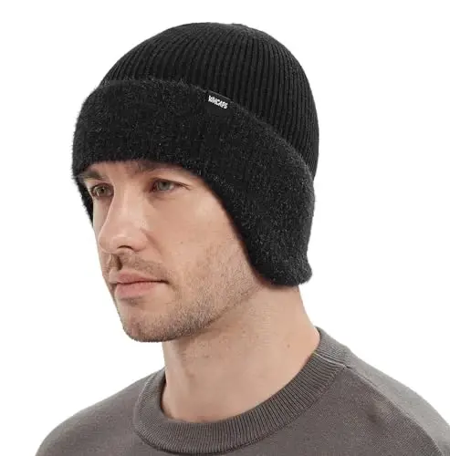 Wmcaps Winter Fleece Line Beanie with Earflap for Men Women, Outdoor Warm Thermal Knitted Hat Stocking Caps 