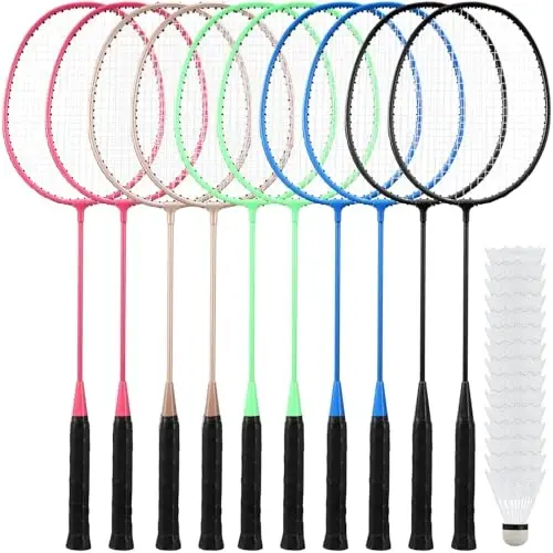 Woanger 10'lu Badminton Raketi Seti, 15 Badminton Topu, Yetişkinler ve Hafif Gençler için Badminton Raketleri, Arka Bahçe Spor Salonu Plajı Açık Hava Oyunları için Top Seti - 1