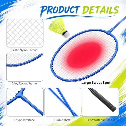 Woanger Badminton Rackets Set with Shuttlecocks Badminton Racquets for Adult and Lightweight Teenagers Shuttlecock Set for Backyard Gym Beach Outdoor Games - 3
