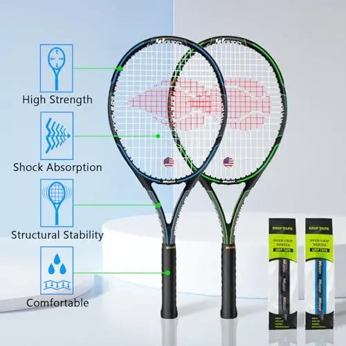 WOED BATENS Kattalar uchun 2 o'yinchi tennis raketkasi Yangi boshlanuvchilar va professional o'yinchilar uchun ideal, 27 dyuymli tezlik tennis raketkasiga overgripslar, tennis sumkasi, vibratsiyani susaytirgichlar, qoplamalar kiradi - 2